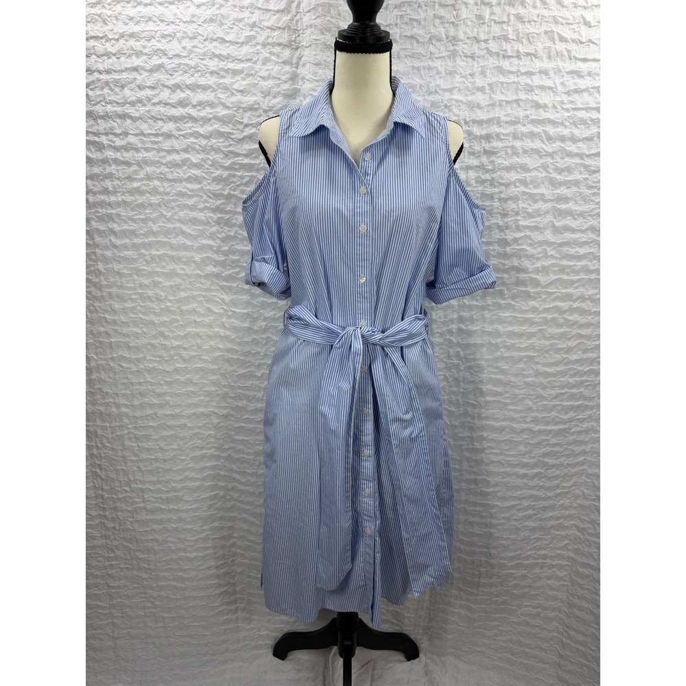 Draper James Womens Blue White Striped Cold Shoulder Tie Waist Shirt Dress 10